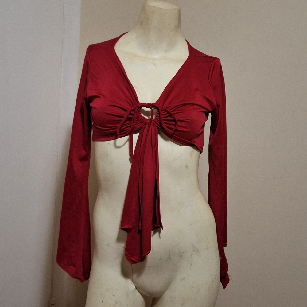 Zoey Beth Red Tie-Front Crop Blouse with 3/4 Sleeves